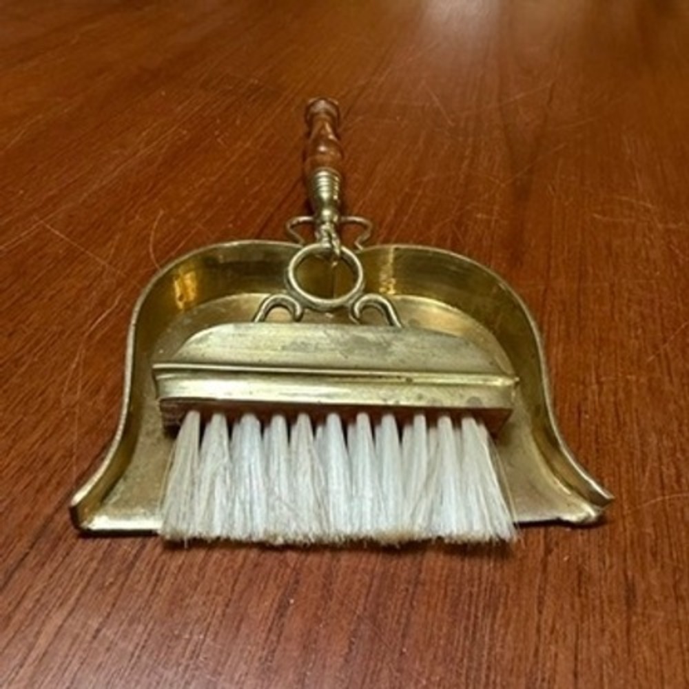 Vintage Brass Silent Butler Crumb Catcher Set Wood Handle India Table Sweeper